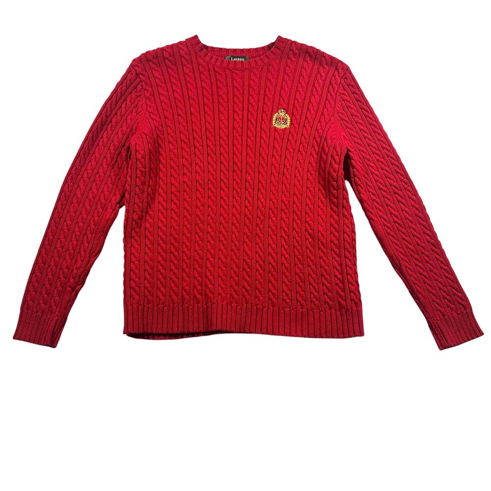 Lauren Ralph Lauren Vintage Cableknit Crest Sweater Womens Red Cotton